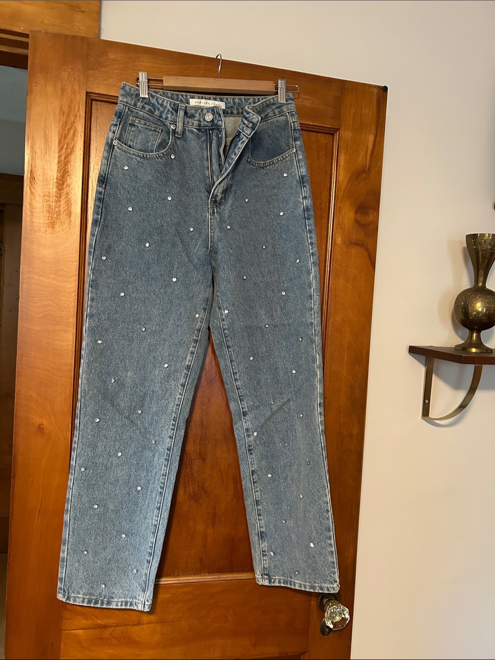 Crystal Embellished High Waist Rigid Straight Leg Jeans